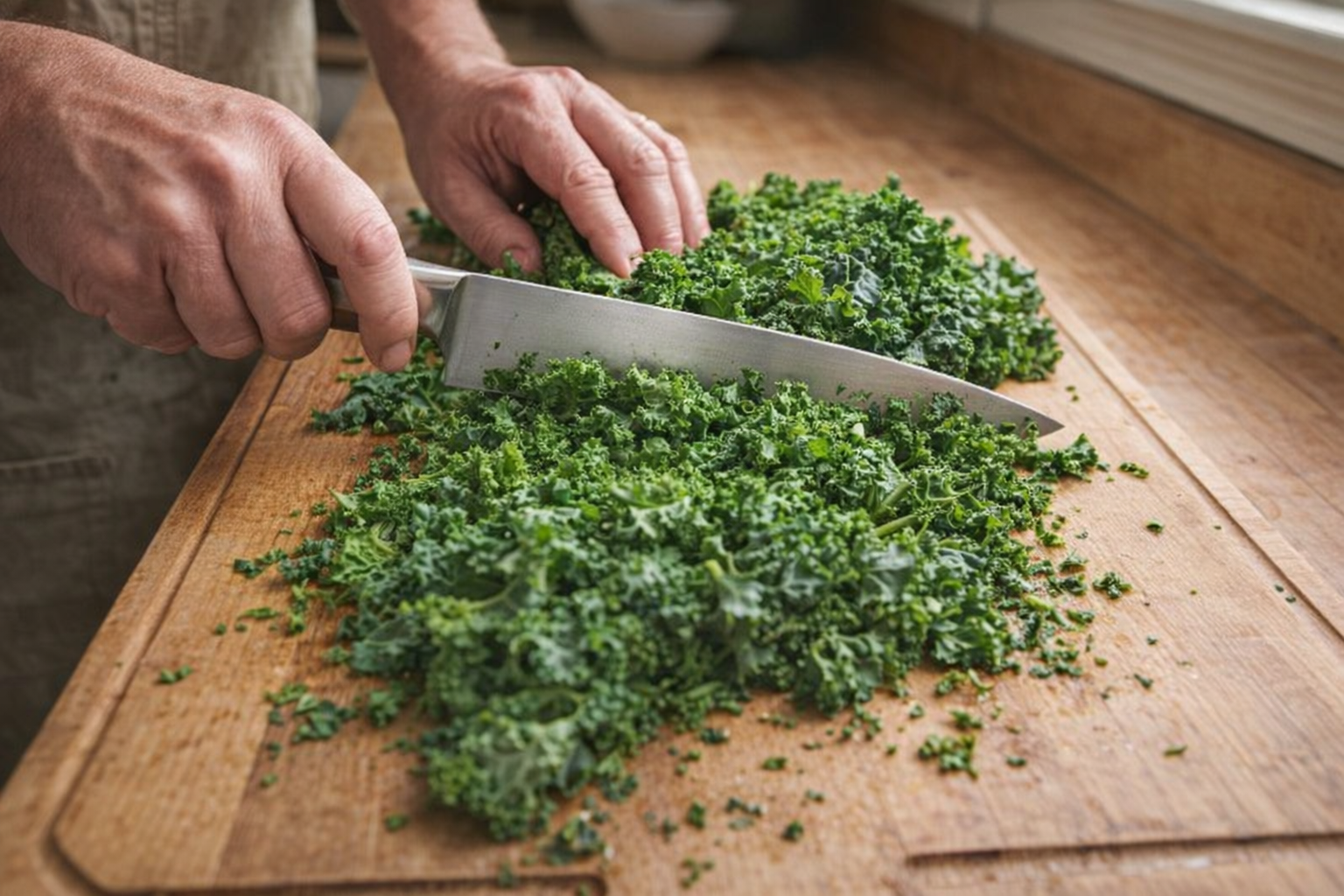 A close-up, overhead shot of fresh, washed kale leaves being chopped on a wooden cutting board with a silver chef's knife